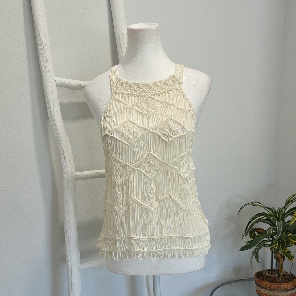 Cream Macrame Crochet Fringe Halter Tank Top